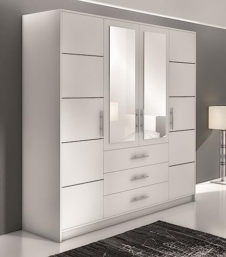 Generisch Schrank Bali D4 Kleiderschrank mit Tür/Spiegel/Regal/Kleiderstange (Weiß)