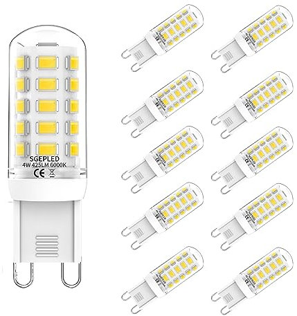 SGEPLED Bombilla LED G9, Blanco Cálido 4W 6000K 425LM, 40W 33W Lampara Halógena Equivalente, 360º Sin Rincones Oscuros, No Regulable 10PCs