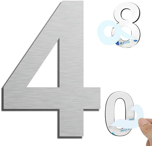 Ywonoby House Numbers, 6 Inch Door Numbers Large Self adhesive Stainless Steel Metal House Numbers Sticker for House Mailbox Address Street Apartment Hotel Courtyard - Silver(4)