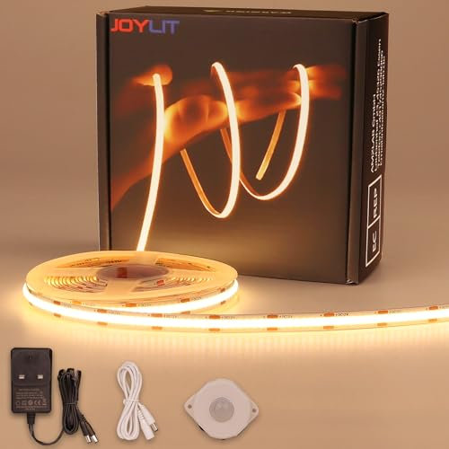 JOYLIT Motion Sensor COB LED Strip Light 5M, 12V Warm White LED Strip 3000K 320LEDs/M Dotless, Movement Activated ON/Off Indoor LED Tape with 2 Sensing Modes for Cabinets, Counters, Wardrobes