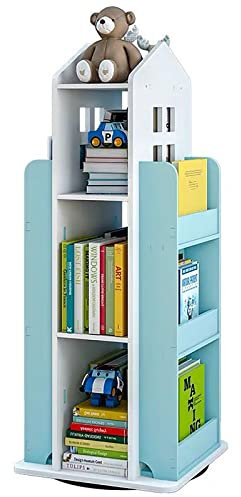 Massivholz Kinder Bücherregal,Cartoon Kinder Bücherregale Für Schlafzimmer Wohnzimmer Büros Arbeitszimmer,4 Etagen Boden Stehendes Bücherregal,360° Drehbares Bücherregal-Blau 41x41x95cm(16x1