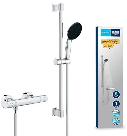 GROHE Precision Get Mitigeur Thermostatique Douche, Ensemble de Douche 1 jet avec barre 60cm, Economie d'eau, A coller avec GROHE QuickGlue ou à visser, Chromé, 34856000