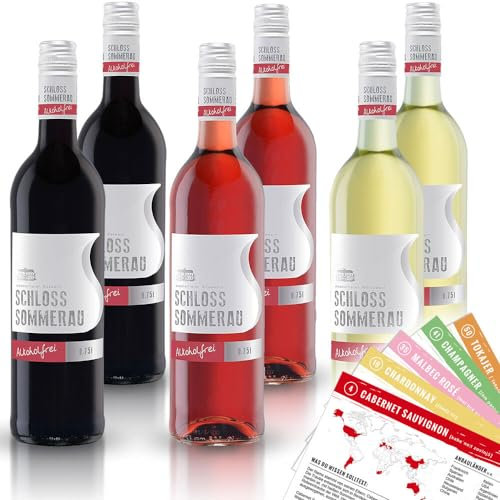 Schloss Sommerau alkoholfrei Rot- Weiss- Roséwein, gemischtes Weinpaket + VINOX Winecards (6x0,75l)
