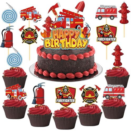 Alethron Feuerwehr Deko Kindergeburtstag, 15 Stück Feuerwehr Geburtstag Deko Fire Truck Cupcake Topper Geburtstagsdeko Feuerwehr Kuchen Deko Feuerwehrmann Tortendeko für Kinder Partydekoration