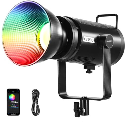 NEEWER CB200C 200W RGBWW COB LED Lampe Vidéo,APP/2.4G 360° Couleur 2500K-7500K (Duv±0.0003) 23000lux/m Bowens Coque Métallique Éclairage Continu Silencieux TLCI/CRI97+ pour Enregistrement Vidéo Photo