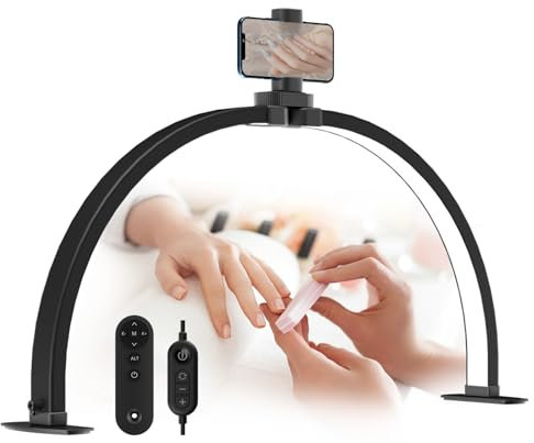 LASTAR Half Moon Light for Nail Desk, 29.9 Inch Foldable Nail Lamp for Desk with Phone Holder, Remote Control/3 Color Temperature/10 Brightness Nail Table Lamp, Black