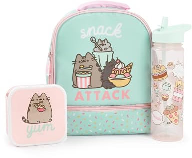 Pusheen The Cat Mint Lunch Bag, Lunch Box and Drinks Bottle Set | Snack Attack Polkadot School Lunch Set for Girls | Transparent Water Bottle Merch