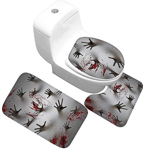 Bad Teppiche Set 3-Teiliges Grauer Roter Terror WC Vorleger Mit Ausschnitt Badematte Saugfähig WC Deckelbezug Badvorleger rutschfest Waschbar Toilettensitzbezug Badgarnitur (50x80cm)