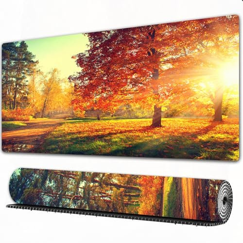 EOMKSE Grand Tapis de Souris de Jeu,Journée brumeuse vibrante dans la forêt Rayons du Soleil Arbres Feuillage tombé,avec Bords surpiqués et Dos antidérapant,sous-Main pour Clavier et Souris,40x90 cm