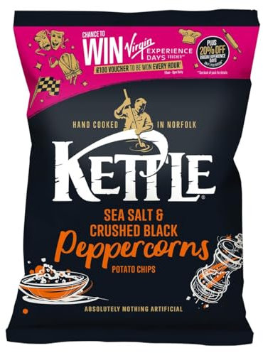 Kettle Chips Sea Salt & Crushed Black Peppercorn Crisps, 130g, Sharing Pack, Hand Cooked in Norfolx, Absolutely Nothing Artificial, Gluten-Free, British Potatoes, Suitable for vegans, Kosher - KLBD