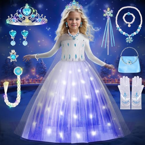 COYBTO Robe Princesse Fille, LED Deguisement Princesse avec Perruque Lumineuse Couronne Ensemble, Déguisement Princesses, Robe de Princesses pour Carnaval Cosplay