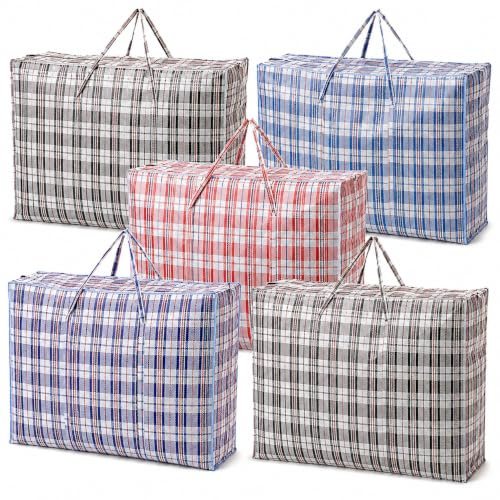 1ABOVE 5 Pack Medium Checked Storage Bags with Zip and Handles – Reusable Waterproof Laundry, Shopping, Moving and Clothes Bags, 57 × 47 × 30 cm