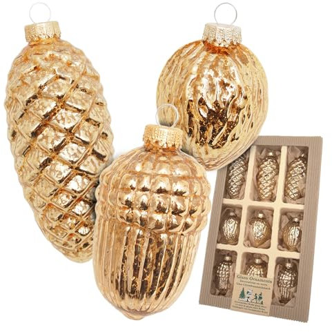 Krebs Glas Lauscha - Weihnachtsdekoration/Christbaumschmuck aus Glas - Antic Mercury Sortiment Zapfen/Eichel/Nuss - Menge: 9 Stück - Farbe: Gold - Größe: ca. 6-10 cm