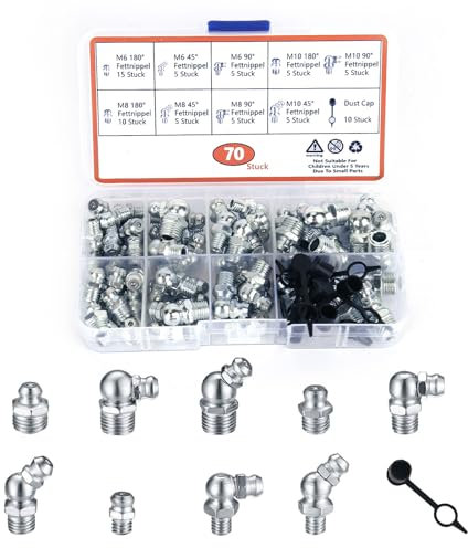 Beccuccio di Grasso M8 70 pezzi Beccuccio di Grasso Dritto Innesto per ingrassatore M8 Beccuccio di Grasso Metallico Set di innesti per ingrassatore conico Con scatola di stoccaggio Per ingrassatori