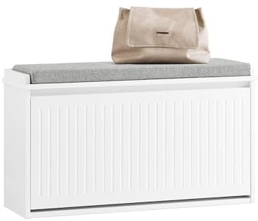SoBuy Schuhschrank Schuhbank mit Sitzfläche, Schuhregal mit Stauraum, Klappe, Sitzkissen, bis 155 kg belastbar, für Flur, Wohnzimmer, 80x45x26 cm, Weiß, FSR98-L-W