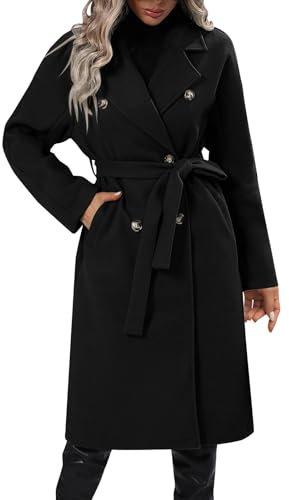 Damen Wintermantel Lang Revers Zweireihiger Mantel Damen Elegant Winddicht Warme Wollmantel Damen Winter Trenchcoat Damen Lange A-Linie Winterjacke mit Gürtel Damenmantel mit Taschen Outwear