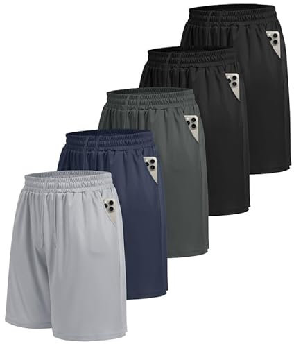 BOOJO 5er Pack Sporthose Herren Kurz Sport Shorts mit Taschen Schnell Trocknend Trainingshose Jogginghose Laufhose für Gym Basketball(Schwarz*2/Dunkelgrau/Dunkelblau/Hellgrau,3XL)