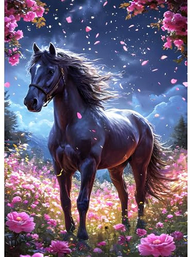 DPHERO 5D Cheval Noir Diamond Painting Kits, DIY Fleurs Art du Diamant Painting Kit Complet, Pays des Rêves Broderie Kits de Peinture sur Diamant Point de Croix Painting pour Adultes Débutants 30x40cm
