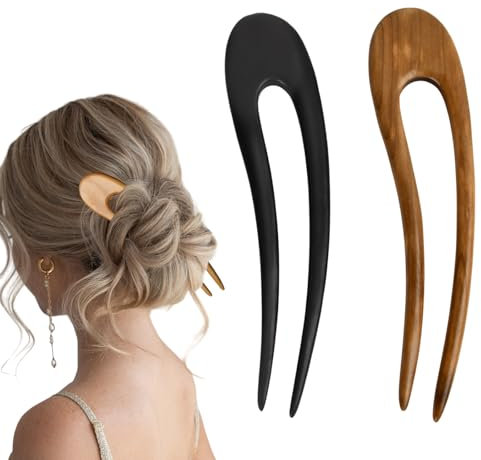 2 Bois en Forme de U Pince à Cheveux, 15.5 cm Fourchette Piques Cheveux de Santal, Française Épingles à Chignon, Épingle à Cheveux à Double Fourche pour Femmes Filles Accessoires de Coiffure