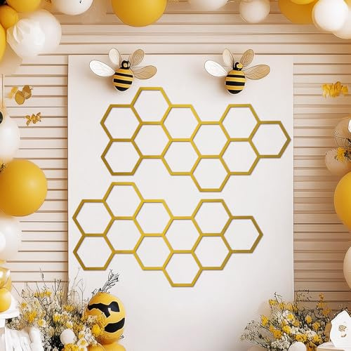 Silipull 2 Stück 55,9 x 30,5 cm große Holz-Wabendekoration Wabendekoration Holz Sechseck-Dekor Bienen-Wandbehang Dekoration für Wohnzimmer, Garten, Schlafzimmer, Büro, Zuhause, Party (Goldfarbe)