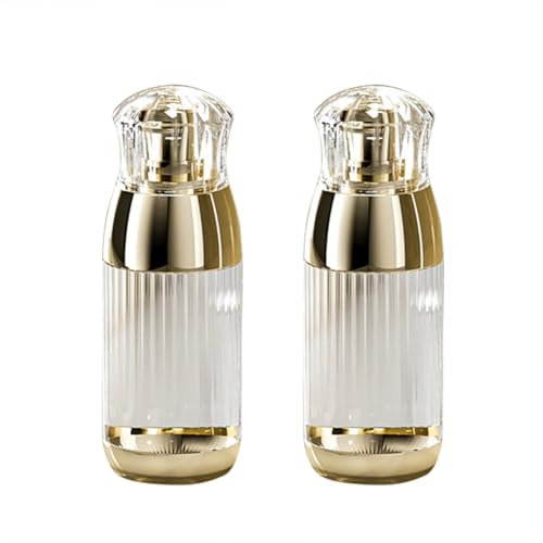 Lot de 2 flacons vides ronds en plastique transparent avec tête de pompe dorée rechargeable, distributeur de savon liquide de voyage pour fond de teint, lotion, huile essentielle - 60 ml