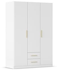 Rauch Möbel Belfast Kleiderschrank, Schrank, Garderobe, Organizer, 3-türig, 2 Schubladen für mehr Stauraum, Farbe Weiß, Holzgriff Eiche Massiv, 136x197x54cm