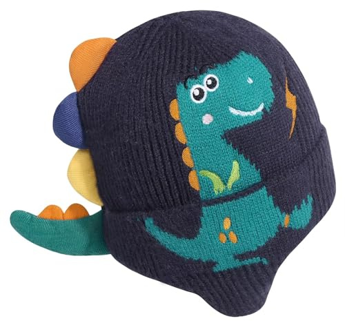 Landofgenie Strickmütze Beanie für Herren & Damen, Warme Wintermütze, Dehnbare Unisex Thermo-Mütze mit Dino-Design Dunkelblau