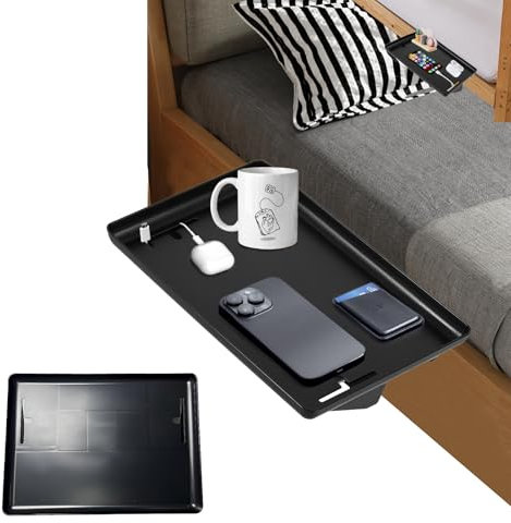 ORARTMM Bed Organiser for Hanging, Black Hanging Bed Organiser, Tray Organiser with Cable Management, Bedside Shelf for Storing Mobile Phone, Book, Glasses, Bag (Black)