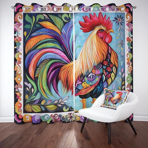 Jijliczc Verdunklungsvorhänge Farbe Hahn Drucken, Vorhang Blickdicht Abstrakt Muster, Schlafzimmer Ösenschal Retro Ländlich Bauernhaus 2er Set 200x140cm(HxB), Gardinen Wohnzimmer Thermovorhang