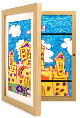 Kids Art Frames Front Opening A4, Childrens Artwork Display Picture Frame, Display Pictures in Portrait or Landscape, Artwork Display Storage Frames For Children Drawing Crafting (1, Wood)
