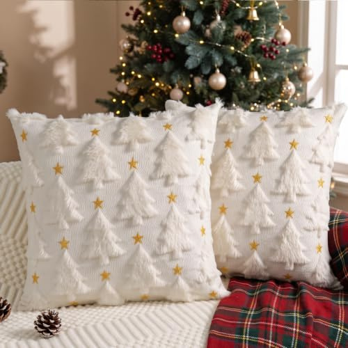 Miaikoe Weihnachtskissenbezüge 50x50 cm 2er Set Creme Weiß Weihnachtsbaum Stern Kissenbezüge weiche Plüsch Fälschungsfell für Feiertage Winter Zuhause Coach Sofa Dekoration