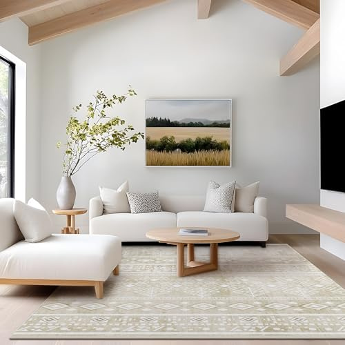 XSIVOD Kurzflor Teppich 160x220 cm Beige, Boho Waschbarer Teppich | Rutschfester Wohnzimmerteppich im Boho Vintage Design, geeignet für Schlafzimmer, Küche, Esszimmer und Büro