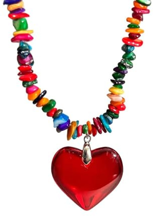 crayfomo Y2k Large Red Heart Pendant Necklace Colorful Beaded Heart Choker Necklace Puffy Love Necklace Handmade Jewelry Gift for Women
