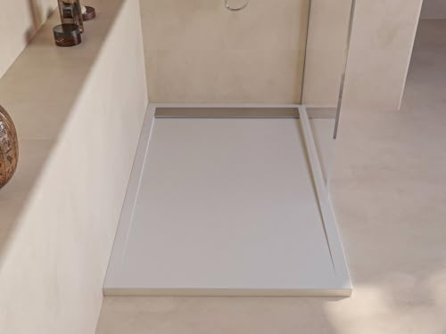 SoulHome Duschwanne Kunstharz 120x90 Cremeweiß Edelstahl-Gitter | Rutschfest C3, extraflach, Mineralguss, Schieferstruktur, antibakteriell, Gel-Coat-Beschichtung, inklusive Ablaufgarnitur