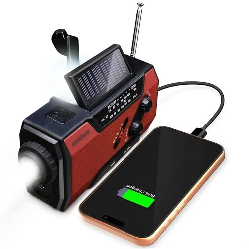 FosPower Radio d'urgence Solaire 2000mAh pour Camping, Rouge | Compatible avec Smartphones pour Recharge USB. Batterie de 7400mWh avec Radio Météo AM, FM, Lampe Torche LED, et SOS