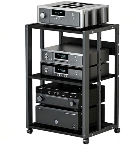 NEHCFO HiFi Rack für Plattenspieler mit Rollen, Audio Rack HiFi Regal 2/3 Ebenen, höhenverstellbar (3 Ebenen), Möbel Metall MDF für Verstärker CD Anlage(3-Layer-A)