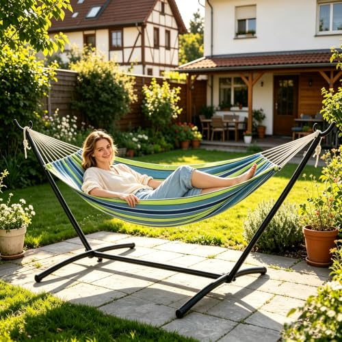 Hängematte mit Stahlgestell, höhenverstellbar 204kg Garten Terrasse Camping | 320g atmungsgewebe, verstärkter Metallring, 6-stufige Einstellung, dicker Stahlrahmen, kippsichere Struktur