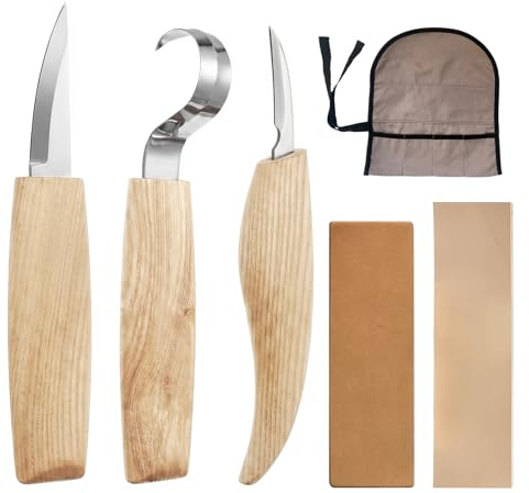 Schnitzmesser Set 6-teilig Holzschnitzwerkzeug Set mit 3PCS Schnitzmesser, Schleifstein, Lederriemen und Aufbewahrungstasche für Anfänger und Profis