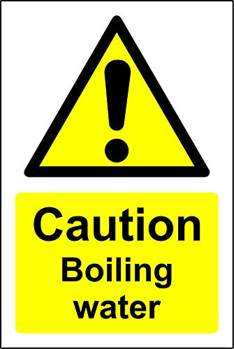 Warning boiling water safety sign - Self adhesive sticker 100mm x 70mm (PACK OF 5 STICKERS)