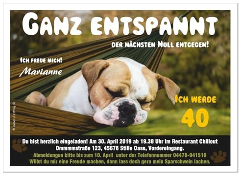 Einladungskarten für runden Geburtstag lustig witzig - kostenloser Eindruck Ihres Textes, Hund in Hängematte, 20 Stück