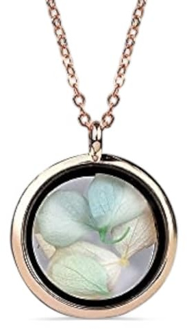 MadamLili - Echtsilber 925 Sterling - Echte Hortensien Blätter Konserviert Medaillon Anhänger - Lange Kette 70cm - Rosegold Vergoldet - Handgefertigt - Naturschmuck - Exklusive Schmuckbox