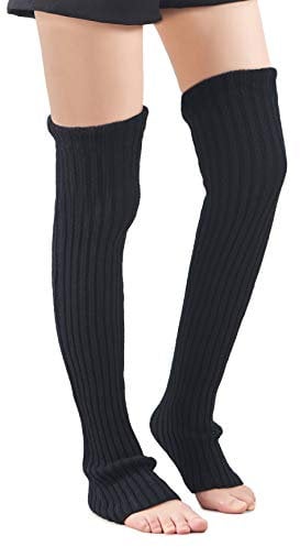 Leotruny Women's Winter Over Knee High Footless Socks Knit Leg Warmers, Black, One Size