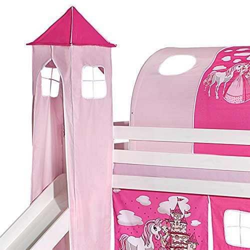 IDIMEX Donjon Tour pour lit surélevé superposé mi-Hauteur Mezzanine avec Toboggan Tissu Coton Motif Princesse Rose