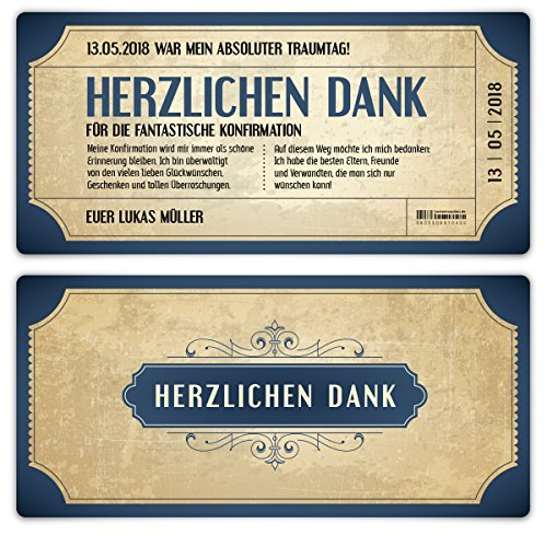 Selbst gestalten: Konfirmation Dankeskarten ab 10 Stück Menge wählbar, DIN Lang 210x98mm, Danksagungskarten Danksagung Konfirmationskarten - Vintage Eintrittskarten in Blau