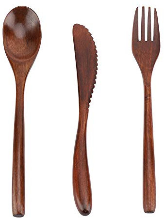 Caredy Ensemble de Couverts en Bois, Ensemble de Couverts réutilisable de Voyage(Couteau, Fourchette et cuillère Seulement)