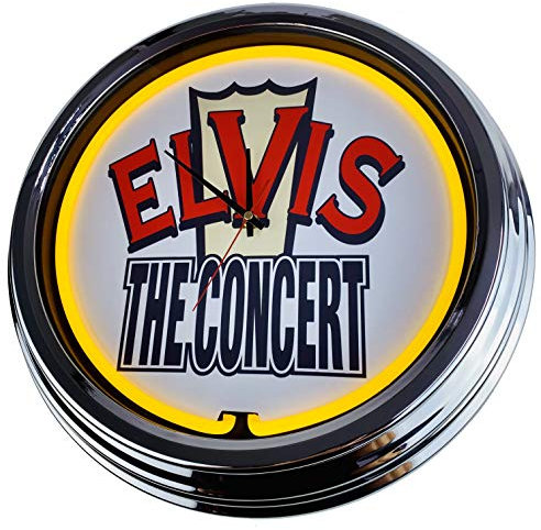 US-Way.de Elvis The Concert – 44 cm Durchmesser, Deko-Wanduhr ohne Tickgeräusche und gut lesbares Display, USA 50er-Jahre-Stil Neon-Uhr für Küche, Büro (Gelb)