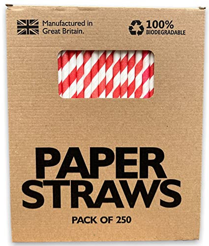 Lot de 250 feuilles de papier rouge et blanc (200 mm x 6 mm) fabriquées au Royaume-Uni – Pailles biodégradables (rouge et blanc)