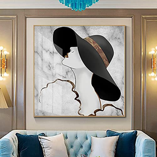 BIEMBI Wandkunst Abstrakte Linien Marmormuster Dekoratives Leinwandbild mit Frauen, die Hüte und rote Lippen tragen, Poster und Drucke, 50 x 50 cm, rahmenlos