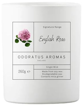 Odoratus Aromas English Rose Scented Candle | Soy Wax, 260, Eco-Friendly, Sustainable, White Glass Jar