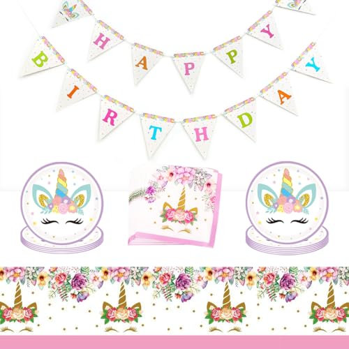 GIGIIS Décoration de Vaisselle de Fête Rose | Accessoires d'Anniversaire Motif de Licorne pour Fille | Vaisselle de Fête pour Enfants Comprend des Assiettes, Serviettes en Papier, Nappes et Bannières
